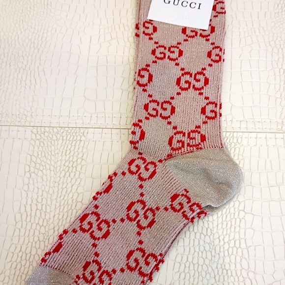 Gucci Accessories - Brand New Gucci GG Glitter Socks Taupe with Red GG Pattern